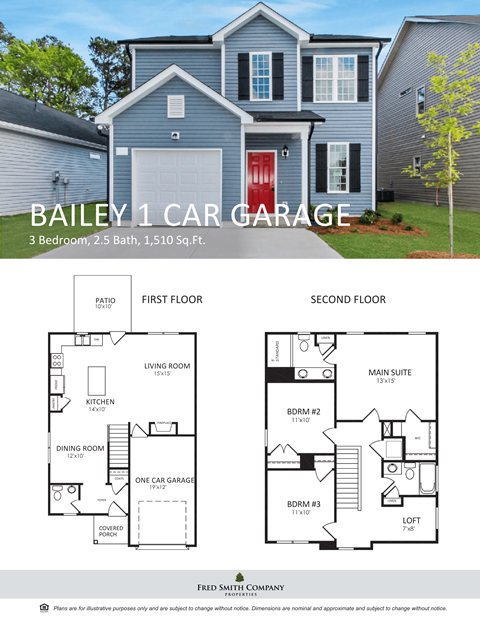 A blue house with a red door and a garage is advertised for sale.